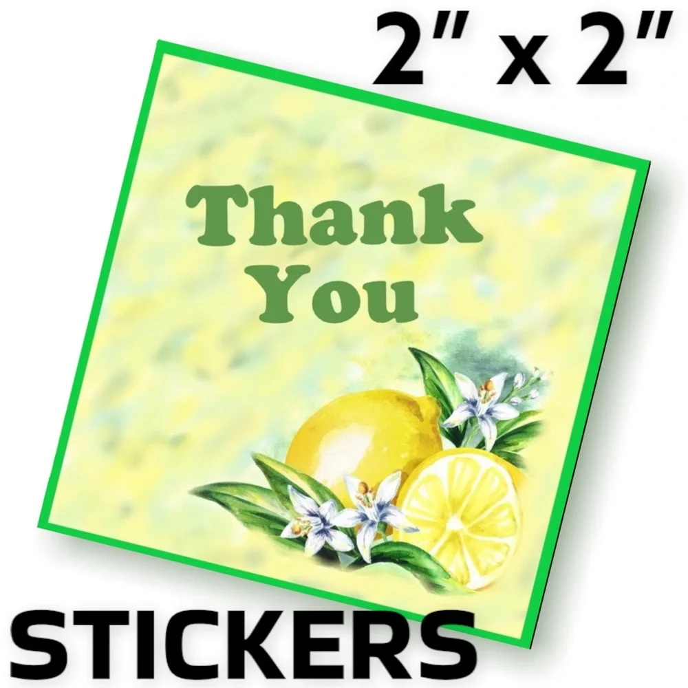 200 (2x2 Inch) Square Stickers, Lemons Blossoms High Gloss, Thank You PRICE FIRM